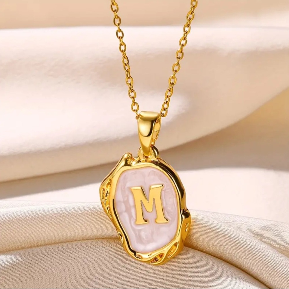 Gold Plated Pink Irregular Shape Stone Initial Letter “M” Necklace